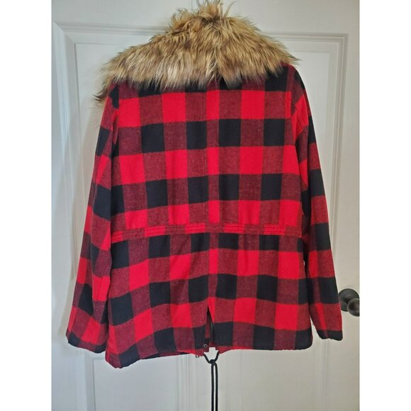Bongo Jacket Women's Large Red and Black Flannel plaid fake fur coat jacket - Picture 2 of 8